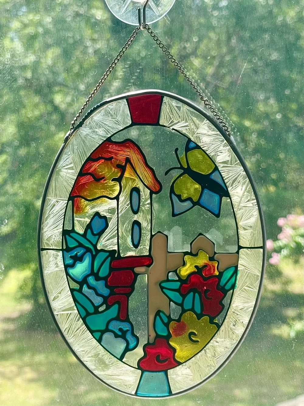 Faux Stained Glass Birdhouse & Butterfly Oval Suncatcher
